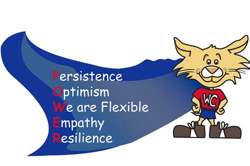 Cartoon of a wildcat wearing a cape with POWER words on it.