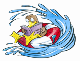 Duck reading in a pool 
